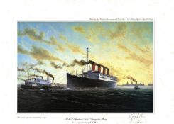Nautical print 18x14 approx titled RMS Aquitania 1914 Leaving the Mersey by the artist E D Walker
