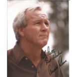 Arnold Palmer signed 10x8 colour photo. American golfer. Dedicated. Good Condition. All autographs