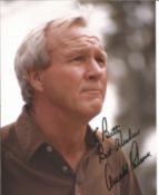 Arnold Palmer signed 10x8 colour photo. American golfer. Dedicated. Good Condition. All autographs