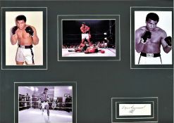 Muhammad Ali signature piece mounted with 4 photos. Approx overall size 20x12. Good Condition. All
