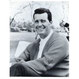 James Garner Signed photo postcard 10 x 8 inch b/w, Some fairly minor indentations to top third of