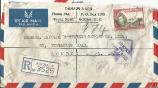 Commercial cover from Gold Coast, 1938 stamps 1/3d, 2/= and 5/=. We combine postage on multiple