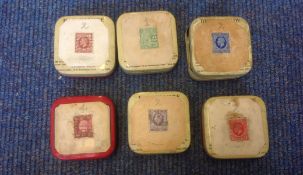 GB stamp collection in 6 stamp tins, Includes 1934 1 12d, 2 1/2d, 1/2d, 3d, 1937 1 1/2d and 1934 1d,