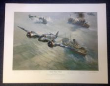 World War II print 23x29 titled Strike Wing Attack signed in pencil by the artist Frank Wootton