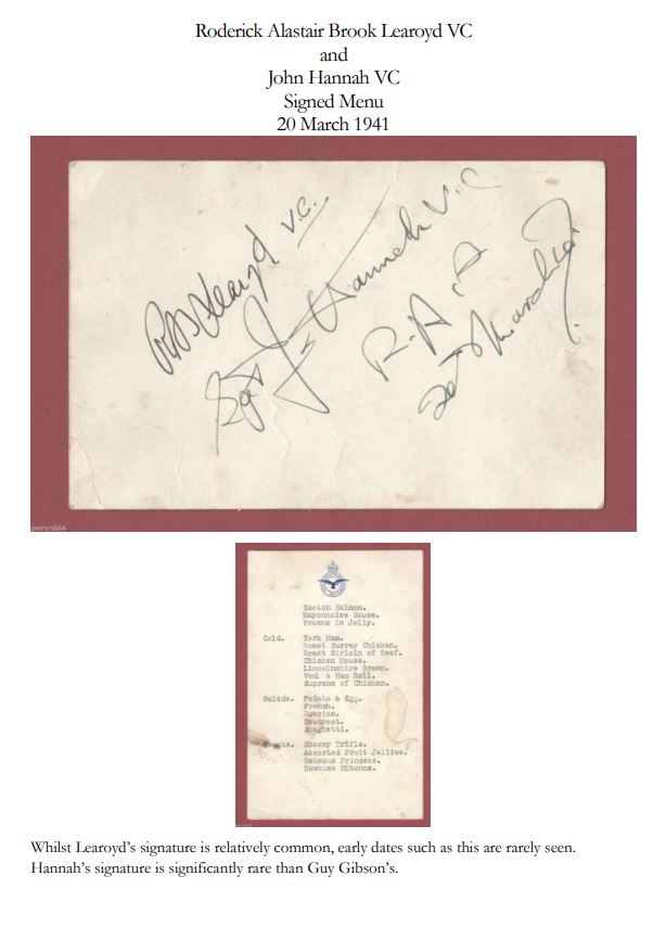 John Hannah VC, Rob Learoyd VC signed menu. Hannah's signature is much scarcer than Guy Gibson's and - Image 4 of 10