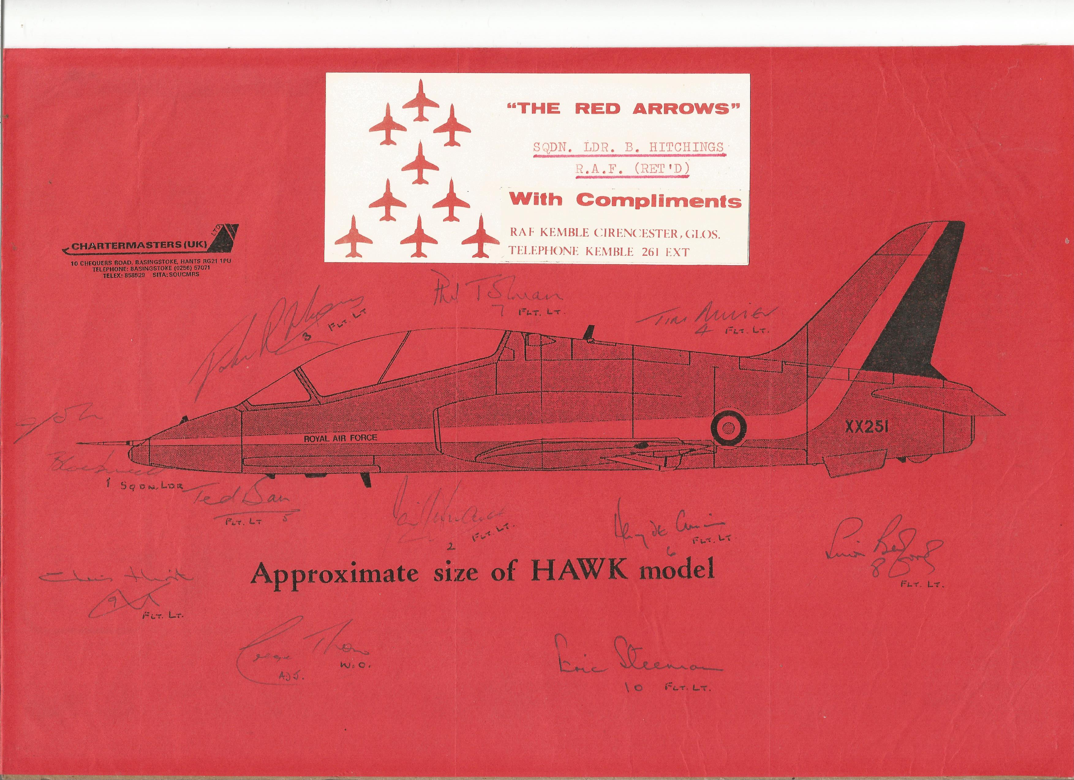 Red Arrows team and managers signed A4 card of the Hawk from RAF Kemble. Good Condition. All