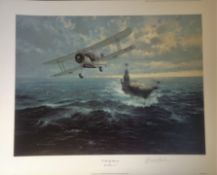 World War II print 23x28 titled To Sink the Bismark signed in pencil by the artist Gerald Coulson