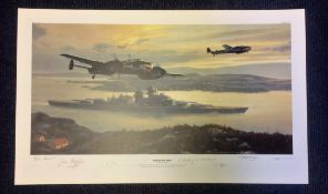 World War II print 17x27 titled Bismark into Battle signed in pencil by the artist Mark