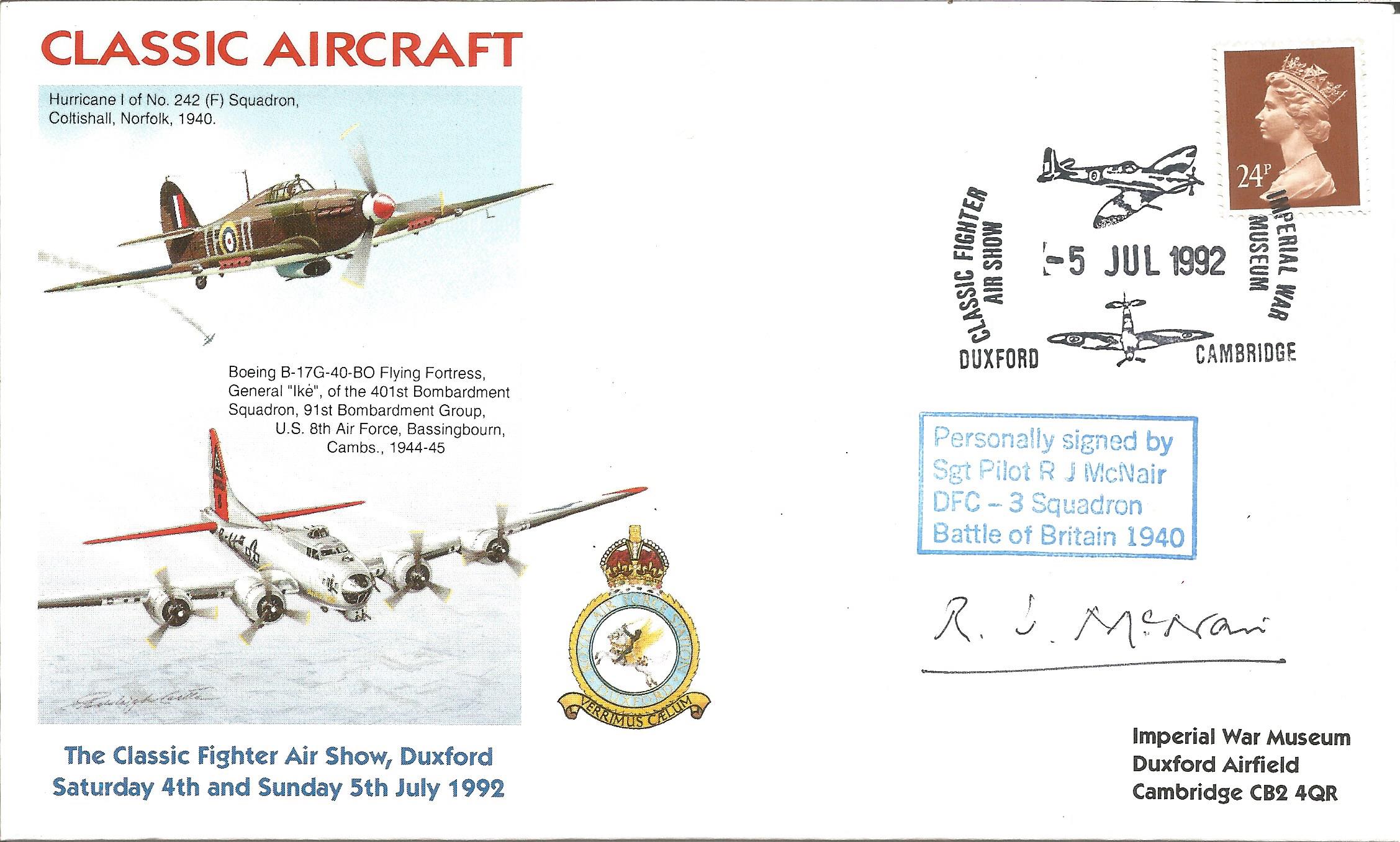 Sgt. Pilot R J McNair, DFC, 3 Squadron Battle of Britain veteran 1940, signed Classic Aircraft