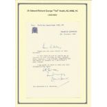 Sir Edward Richard George Ted Heath, KG, MBE, PC signed typed letter on House of Commons notepaper