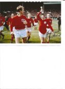 Jackie and Bobby Charlton signed 7 x 5 inch colour 1966 World Cup football celebration photo. All
