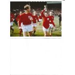 Jackie and Bobby Charlton signed 7 x 5 inch colour 1966 World Cup football celebration photo. All