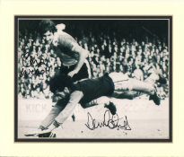 Chris Nicholl and Dennis Mortimer signed 12x10 mounted black and white photo pictured in action