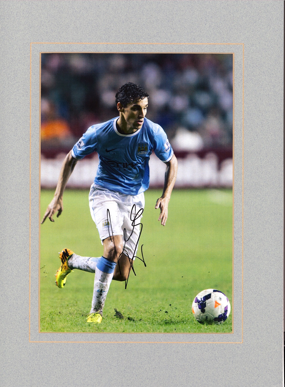 Jesus Navas signed 16x12 overall mounted colour photo pictured in action for Manchester City.