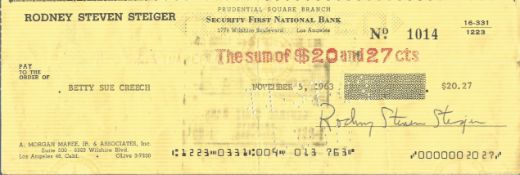 Rod Steiger signed 1963 Cheque drawn on Security Nation Bank, rare signed with full name. To Betty