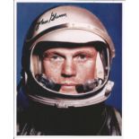 John Glenn astronaut signed 10 x 8 inch colour photo in Spacesuit, close up on his face in helmet,