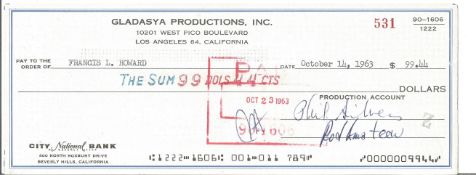 Phil Silvers signed 1963 cheque drawn on Citi Bank to Francis Howard fir $99.44. Good Condition. All