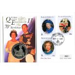 Her Majesty Queen Elizabeth II 70th birthday PNC coin cover. Numbered 0661. Turks and Caicos Islands