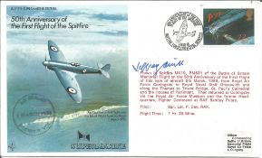 WW2 Spitfire Test Pilot Jeffrey Quill signed 50th ann 1st flight of the Spitfire cover. Good