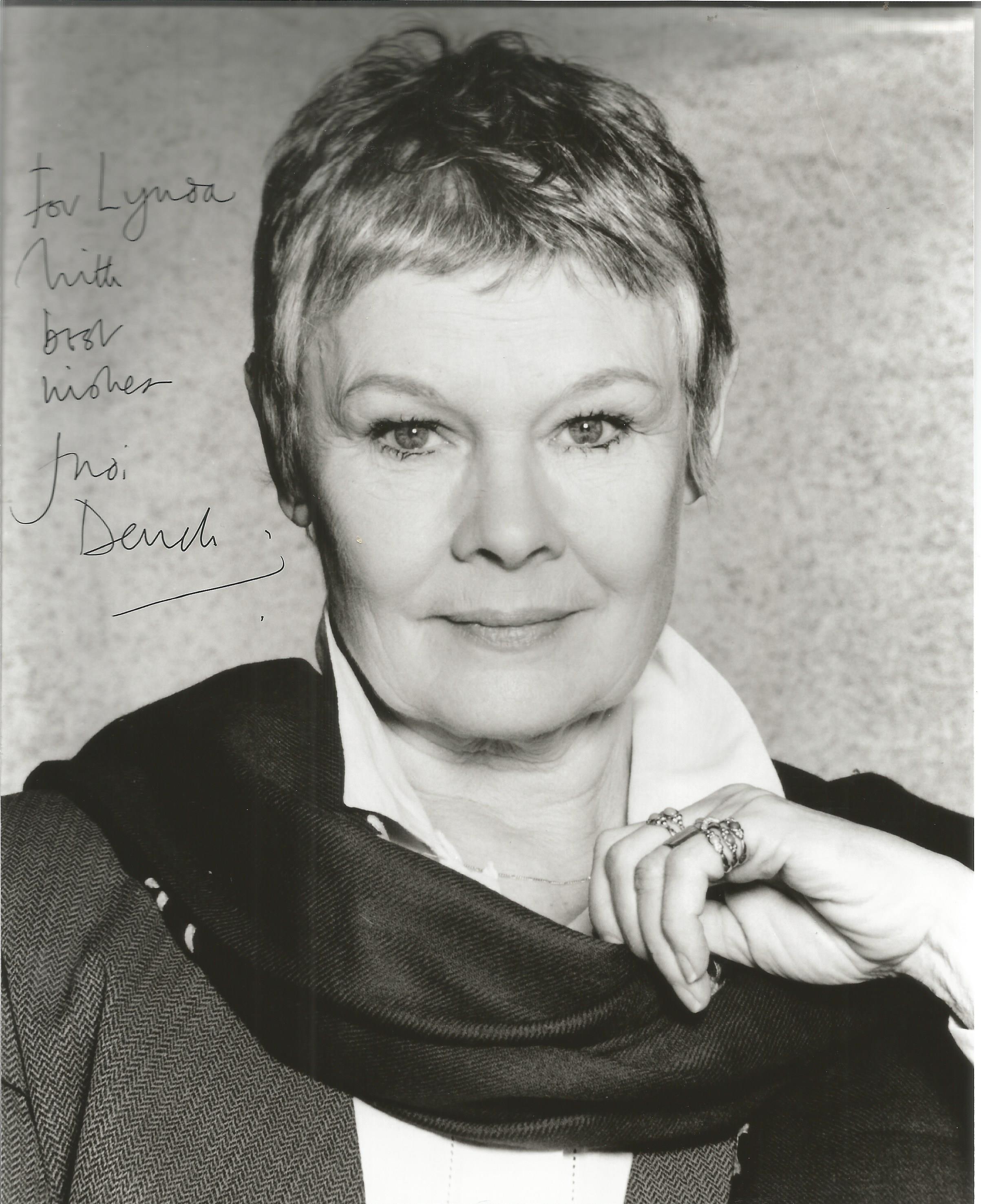 Dame Judy Dench signed dedicated 10x8 b/w photo Actress. Good Condition. All autographs are