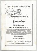 Cricket Dickie Bird signed dinner menu. Good Condition. All autographs are genuine hand signed and