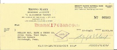 Zeppo Marx signed 1971 cheque drawn on Security Pacific National bank $1763.09 to Mellon Nat Bank