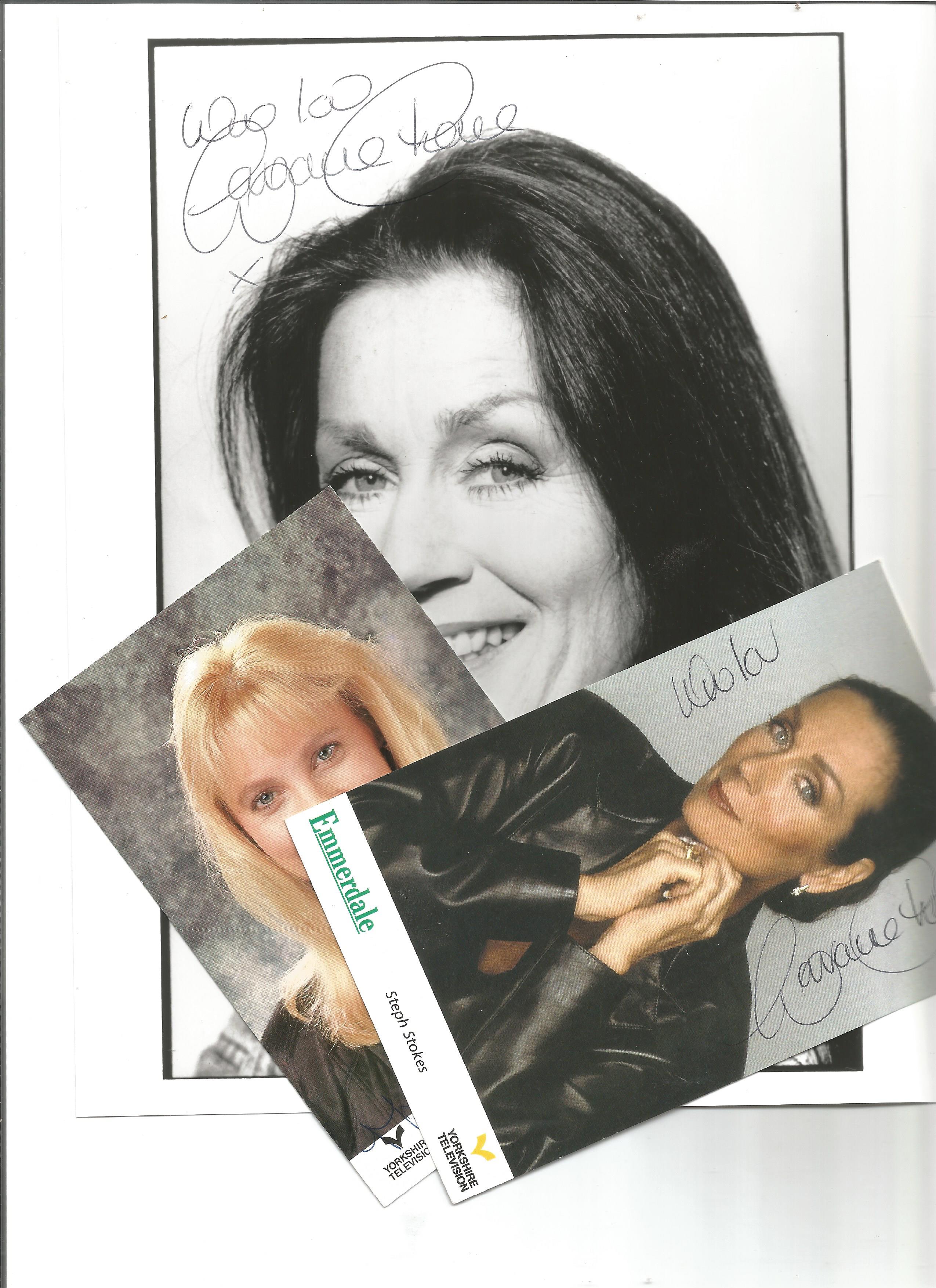 Emmerdale autograph collection x3 photos signed by Malandra Burrows(Kathy Bates) one 10x8 b/w