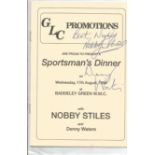 Football Nobby Stiles and Denny Waters signed dinner menu. Good Condition. All autographs are