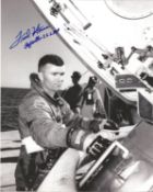 Fred Haise Apollo 13 and Apollo 16 LMP back up signed 10 x 8 inch b/w photo. Haise flew as the lunar