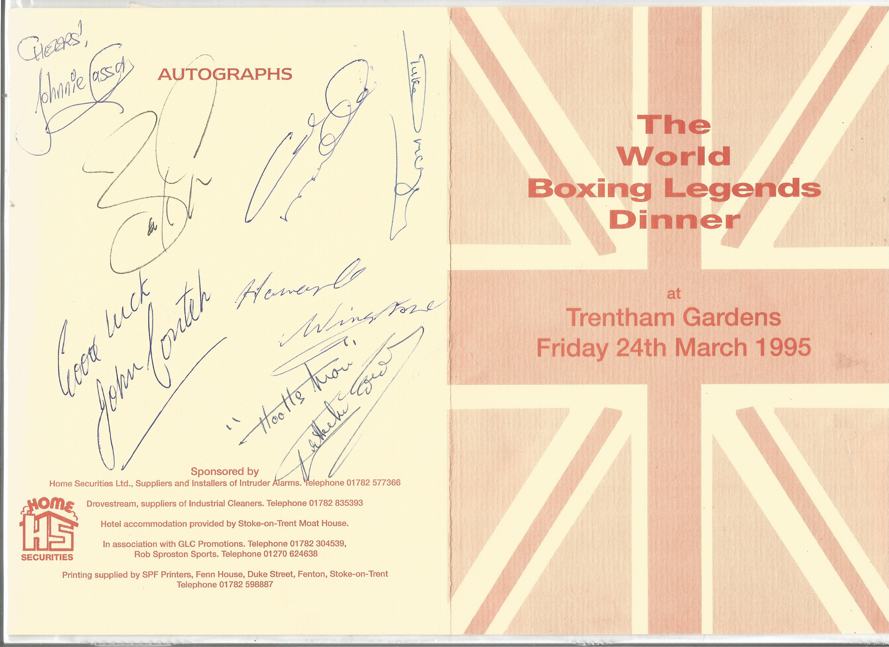 Multi signed Boxing Legends dinner menu. Signed by 8 including John Conteh, Mcguigan, Winstone. Good