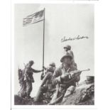 WW2 Charles W Lindberg signed 10x 8 inch b/w iconic Iwo Jima US Flag raising photo. Good