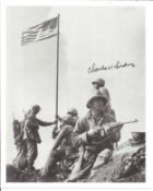 WW2 Charles W Lindberg signed 10x 8 inch b/w iconic Iwo Jima US Flag raising photo. Good