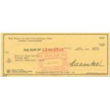 Gregory Peck signed 1972 cheque drawn on United California Bank to Wits Air Cargo for $13.25. Good