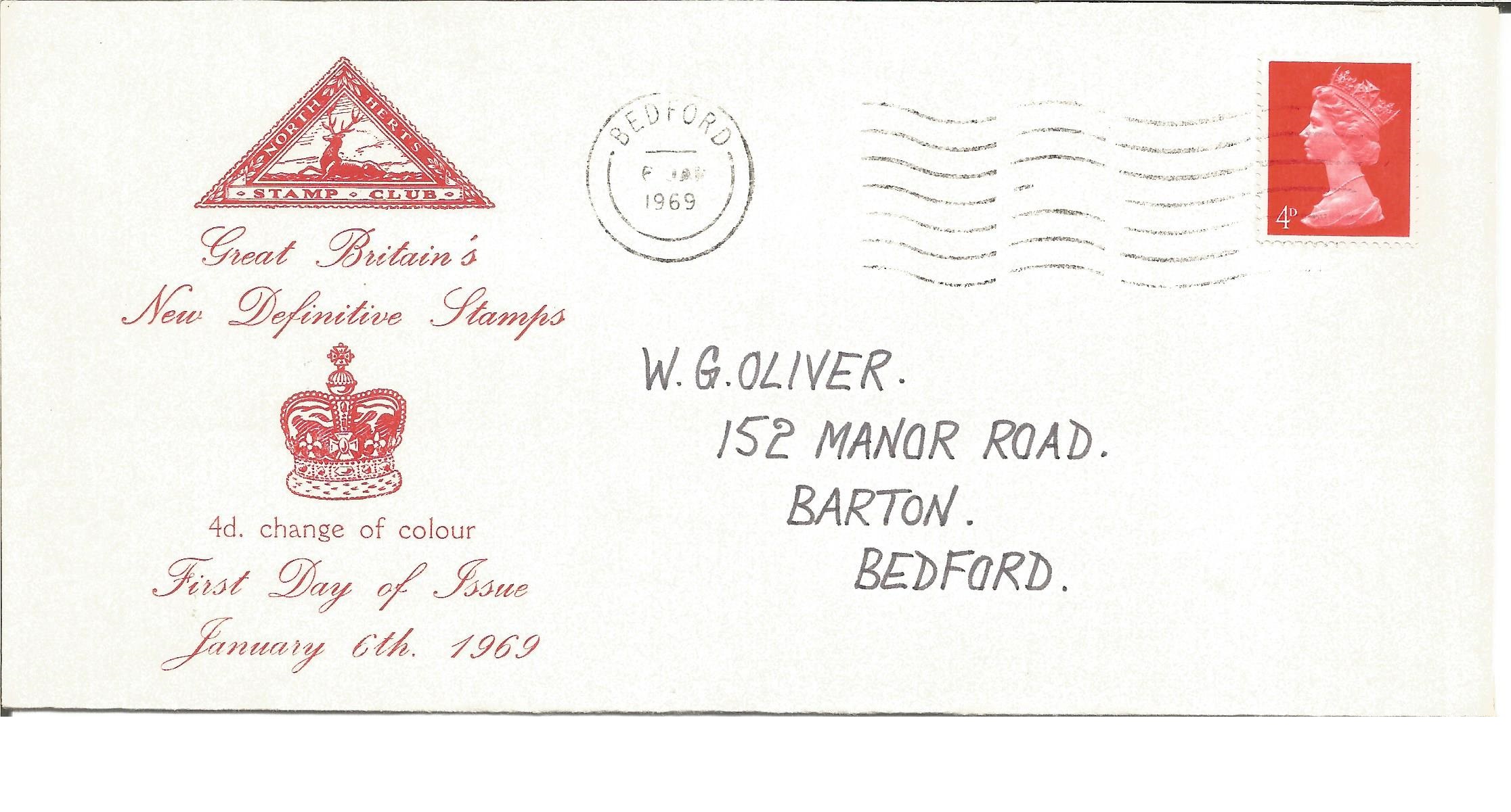 1969 4d New Definitives FDC rare North Herts Stamp club illustrated cover. GB stamps and Herts CDS