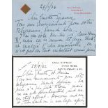 Yvonne Arnaud two hand written corresp. cards to Ginette Spanier (in French), director of the