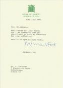 Michael Foot former Labour leader typed signed letter 1985 on House of Commons letterhead. Political