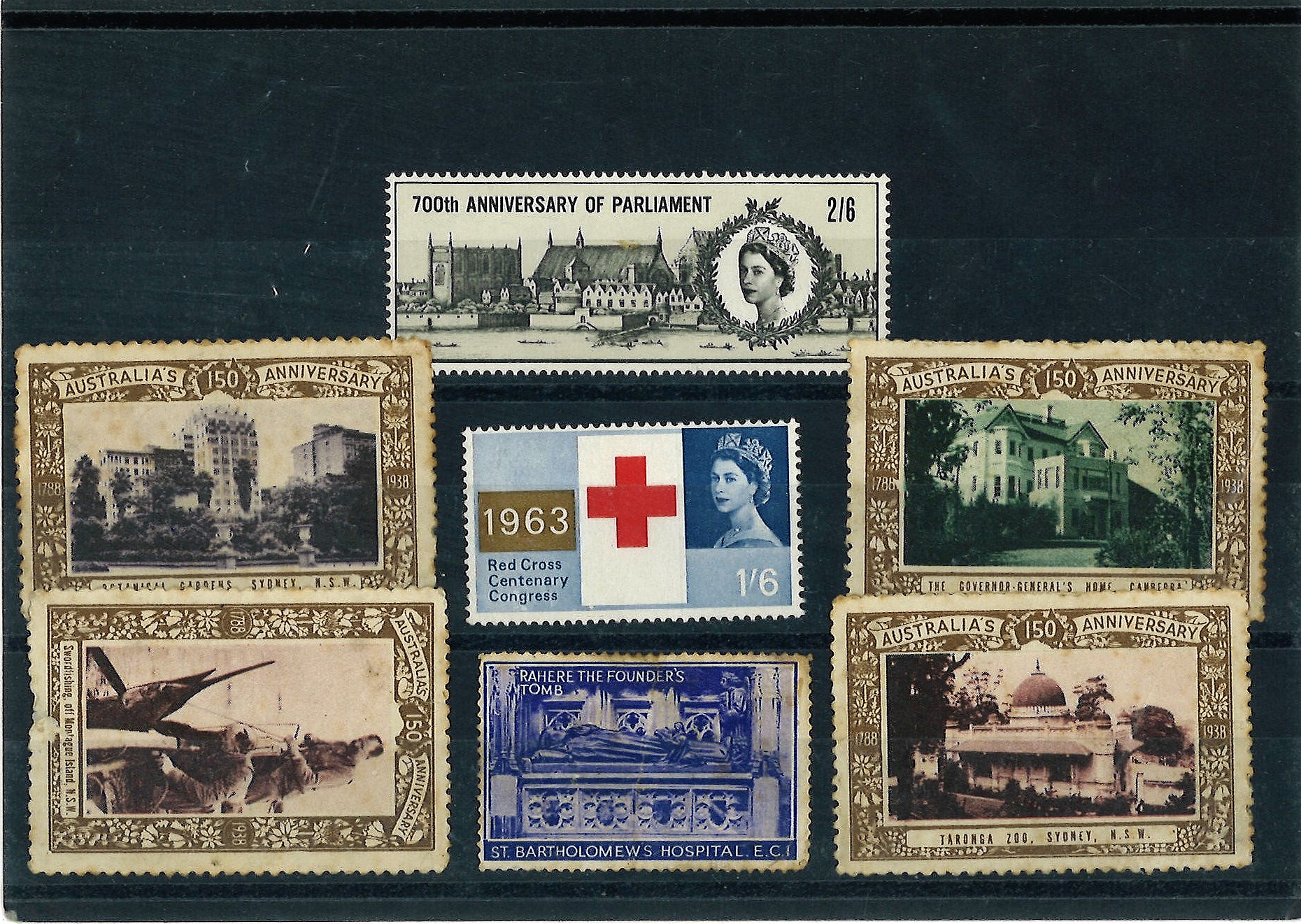 Cinderella items. GB - St Bartholomews Hospital ECI 1 label, Australia - 4 labels. 150 anniversary