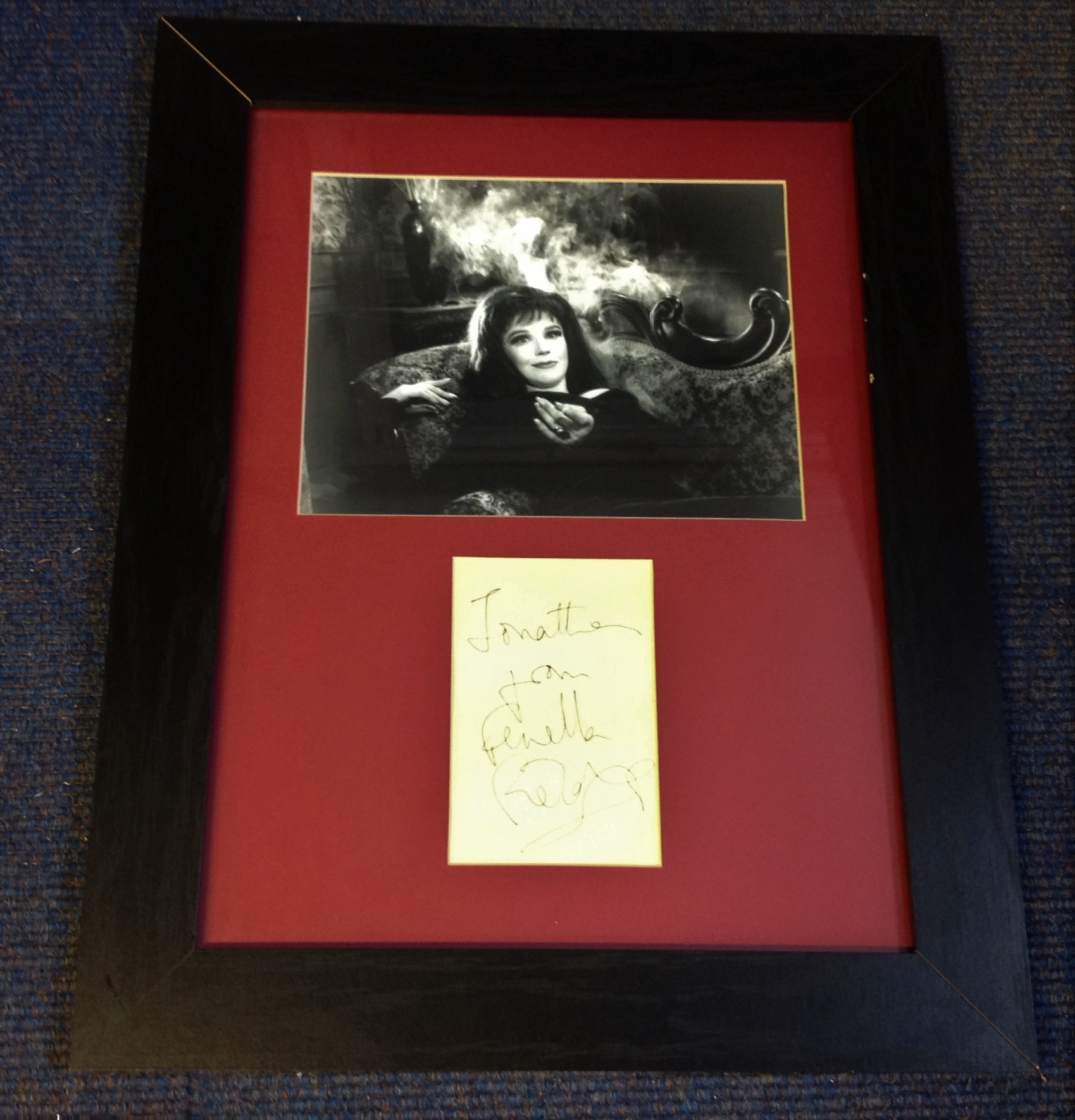 Fenella Fielding Carry on framed autograph display. Approx. 19 x 15 inches overall, nice autograph