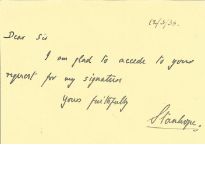Lord Stanhope handwritten note on card dated 1936. Stanhope entered the House of Lords on the