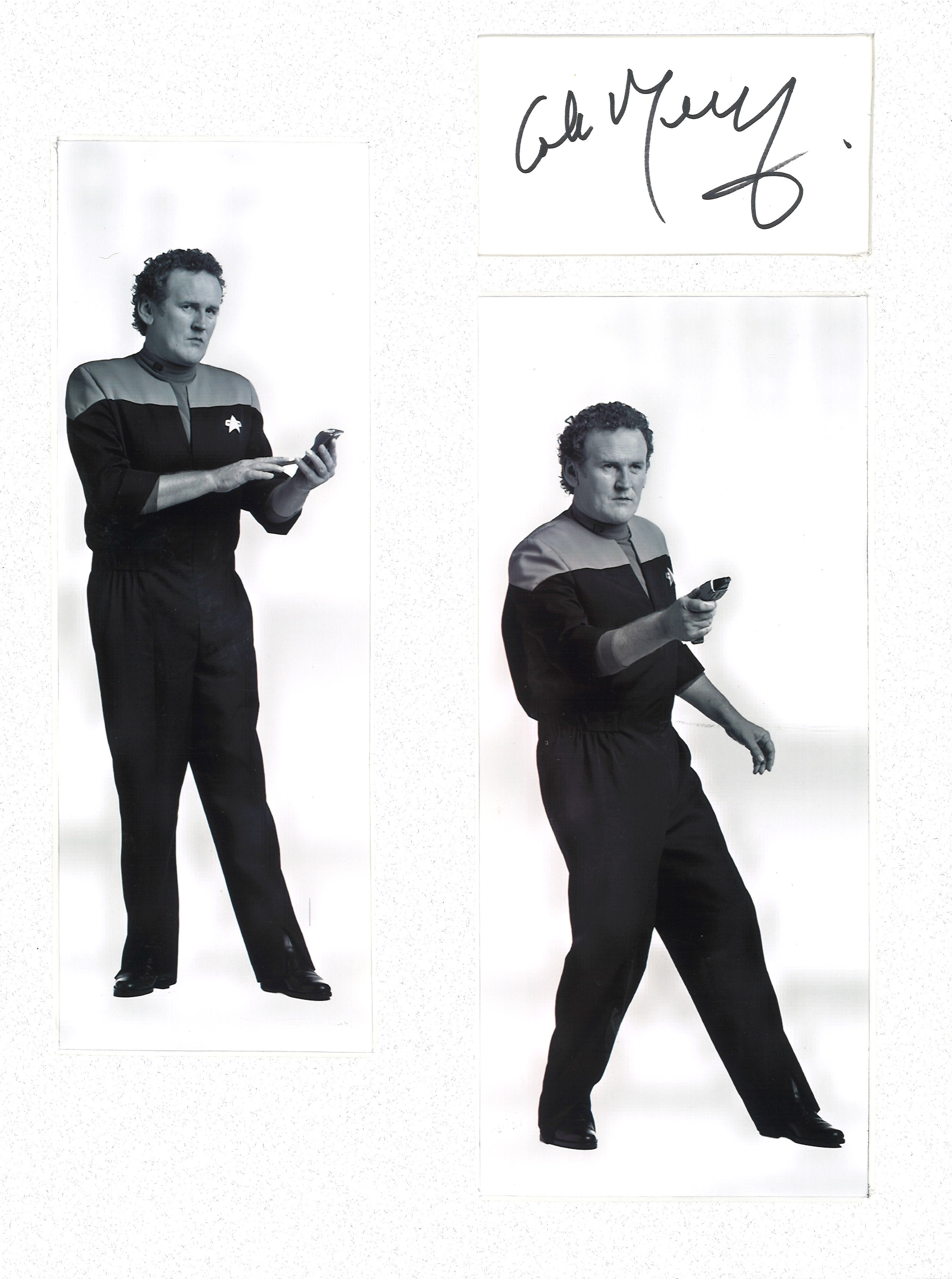 Colm Meaney signature piece mounted with 2 black and white photos. Approx overall size 14x12. Good