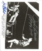 Jake LaMotta signed 10x8 black and white photo pictured in his fight with Bob Satterfield.