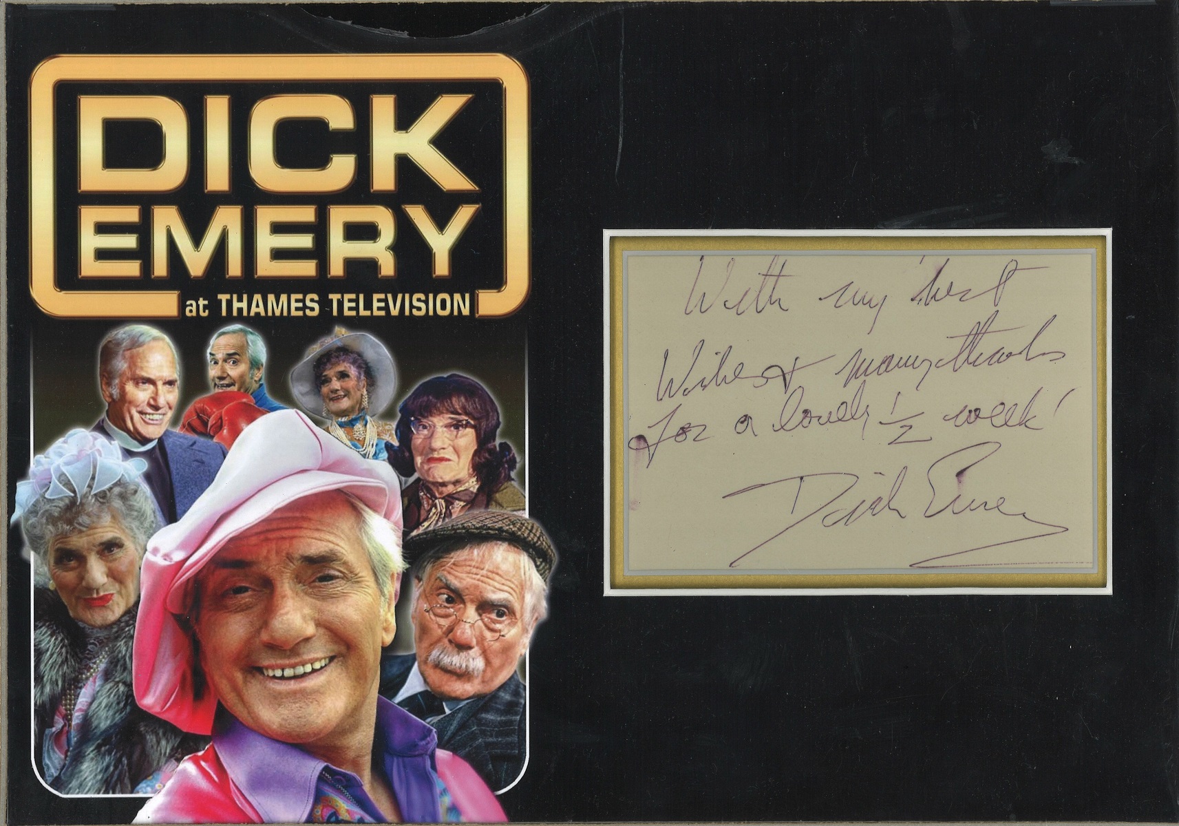 Dick Emery genuine authentic signed autograph display. High quality professionally mounted 14x10