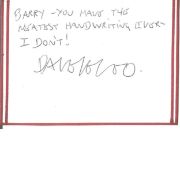 David Legeno signed 4x3 white card dedicated Barry you have the neatest handwriting ever I don't.