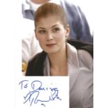 Rosamund Pike signed white card with 10x8 colour photo. Good Condition. All autographed items are