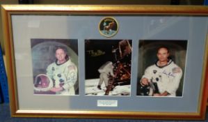 Apollo XI three 10 x 8 colour photos signed by Neil Armstrong, Buzz Aldrin and Michael Collins.