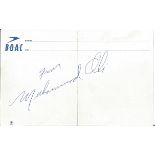 Muhammad Ali signed BOAC notelet approx 7 x 5 inches, from collection of long time air steward. Good