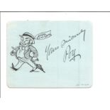 Famous illustrator Poy signed card with doodle of his famous caricature John Citizen. Percy Hutton