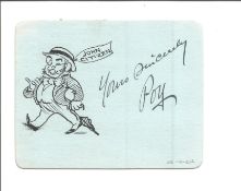 Famous illustrator Poy signed card with doodle of his famous caricature John Citizen. Percy Hutton