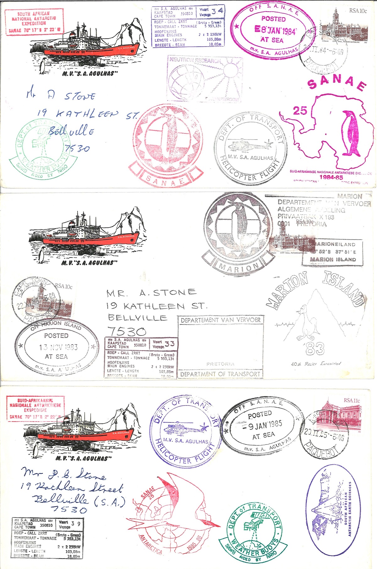 3 envelopes posted at sea collection. Illustrated covers, with numerous cachets and postmarks.