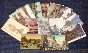 16 franked postcards 1910/35 featuring London landmarks, Totten row, Piccadilly Circus, Oxford St,